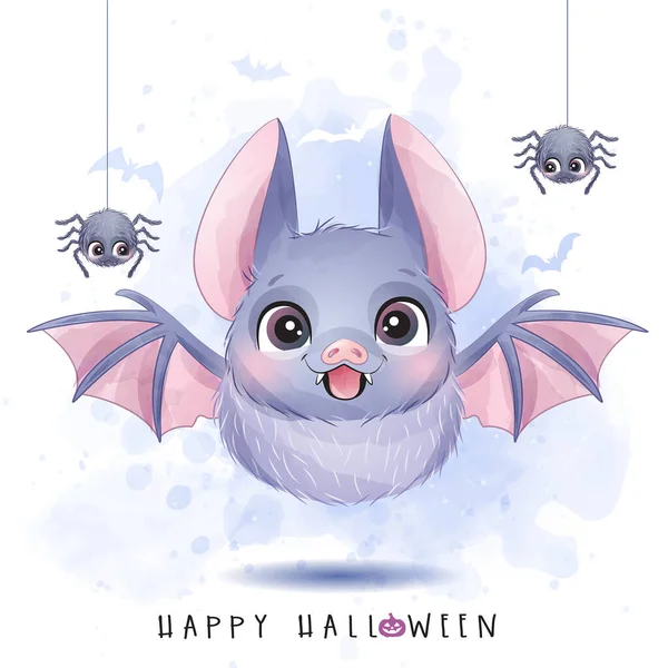 Simpatico Pipistrello Ragno Giorno Halloween Con Illustrazione Acquerello — Vettoriale Stock