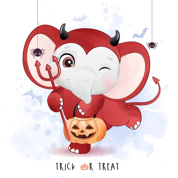 Cute Little Elephant Halloween Day Watercolor Illustration — Stock Vector