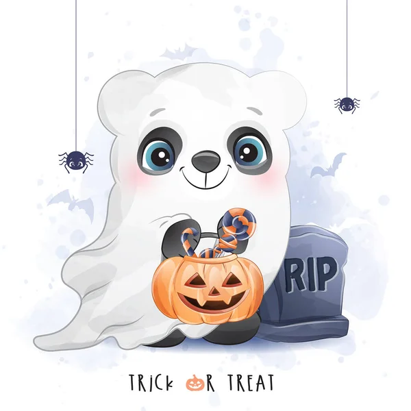 Cute Little Panda Halloween Day Watercolor Illustration — Stock Vector