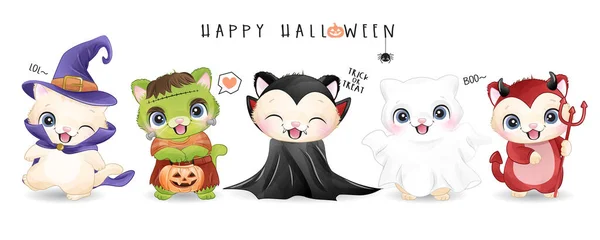 Gattino Carino Giorno Halloween Con Illustrazione Acquerello — Vettoriale Stock