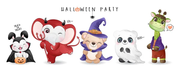 Mignon Animal Doodle Pour Journée Halloween Avec Illustration Aquarelle — Image vectorielle