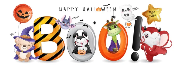 Carino Doodle Animale Halloween Giorno Con Acquerello Illustrazione — Vettoriale Stock