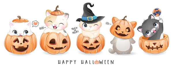 Carino Doodle Gattino Halloween Giorno Con Acquerello Illustrazione — Vettoriale Stock