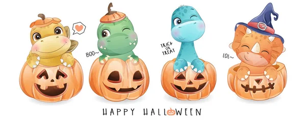 Dinosauro Doodle Carino Giorno Halloween Con Illustrazione Acquerello — Vettoriale Stock