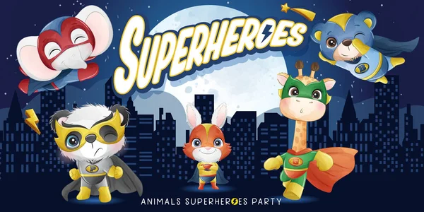 Bonito Animais Super Herói Com Ilustração Aquarela —  Vetores de Stock