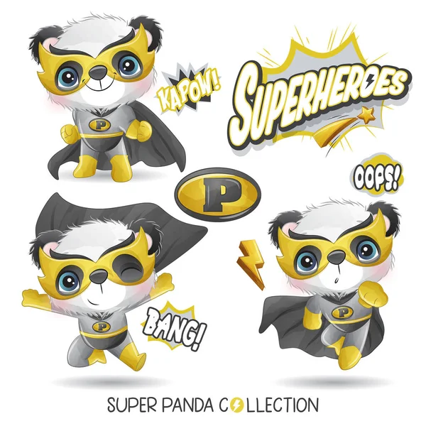 Χαριτωμένο Panda Superhero Υδατογραφία Συλλογή — Διανυσματικό Αρχείο