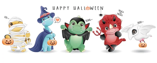 Dinosaure Doodle Mignon Pour Journée Halloween Avec Illustration Aquarelle — Image vectorielle