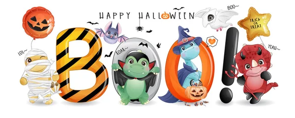 Dinosaurio Lindo Garabato Para Día Halloween Con Ilustración Acuarela — Archivo Imágenes Vectoriales