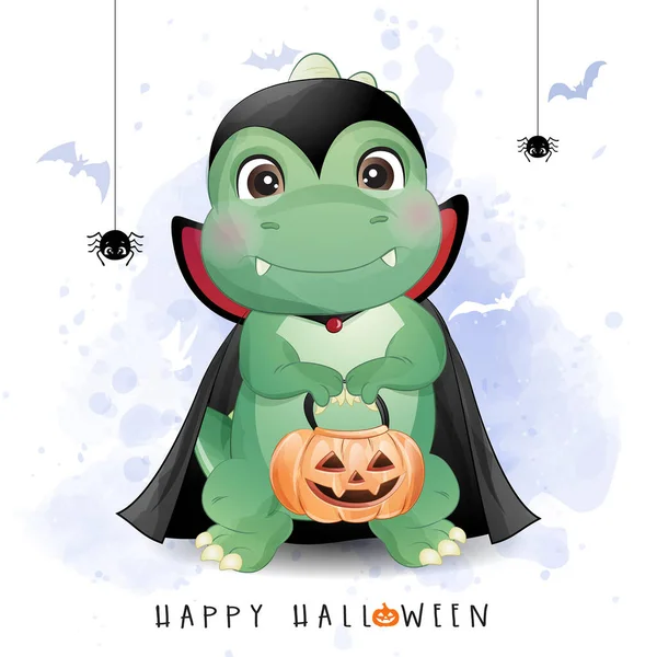 Dinosaurio Lindo Garabato Para Día Halloween Con Ilustración Acuarela — Archivo Imágenes Vectoriales