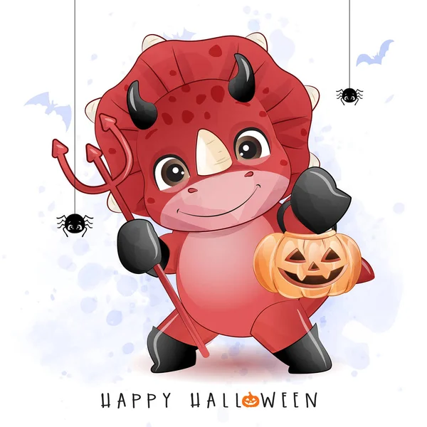 水彩画でハロウィンの日のためのかわいい人形恐竜のイラスト — ストックベクタ