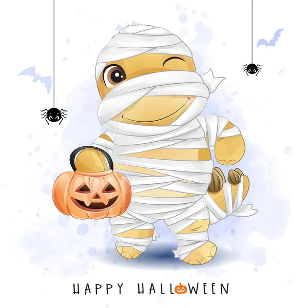 Dinosaurio Lindo Garabato Para Día Halloween Con Ilustración Acuarela — Vector de stock