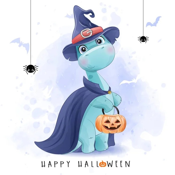 Cute Doodle Dinozaur Halloween Dzień Akwarela Ilustracja — Wektor stockowy