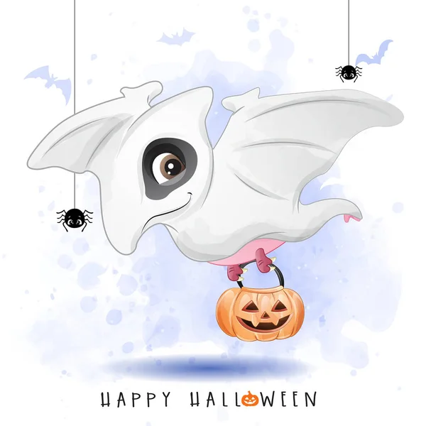 Dinosauro Doodle Carino Giorno Halloween Con Illustrazione Acquerello — Vettoriale Stock