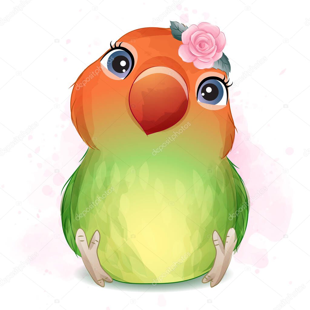 Cute little love bird with watercolor illustration