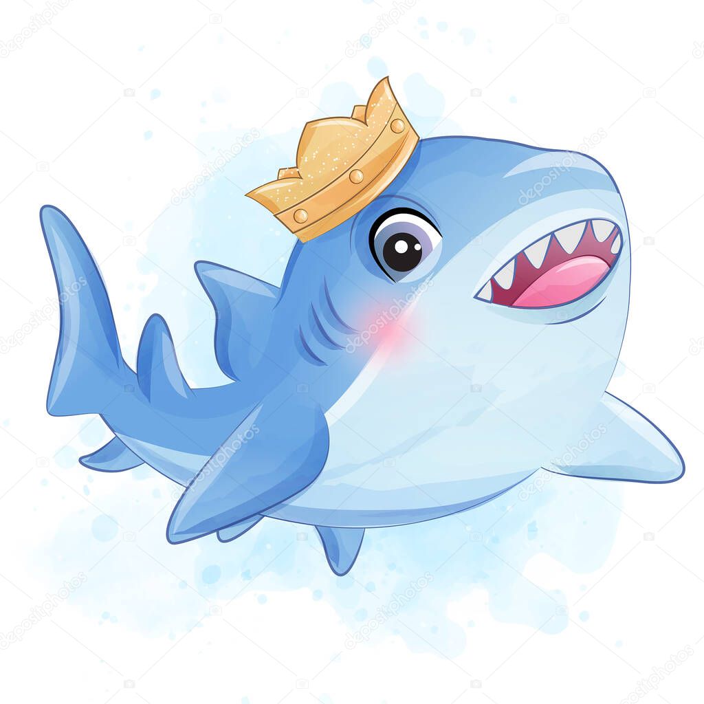Cute little shark with watercolor illustration