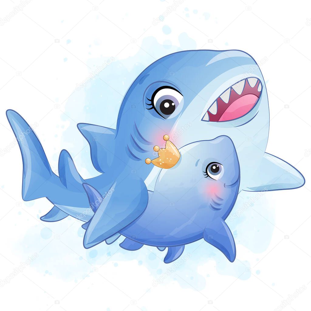 Cute little shark mother and baby illustration