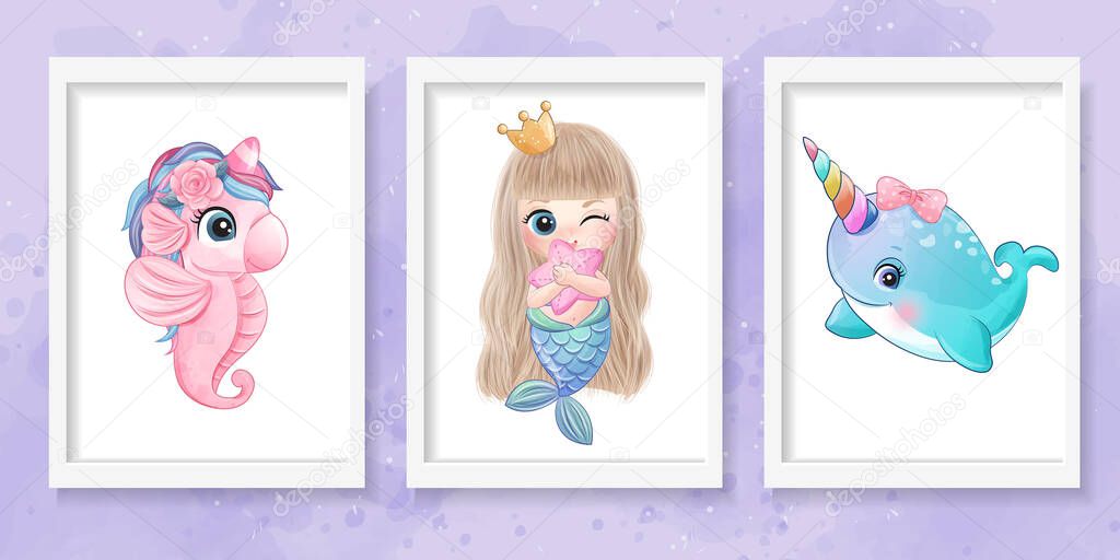 Cute little sea horse, mermaid and narwhal illustration