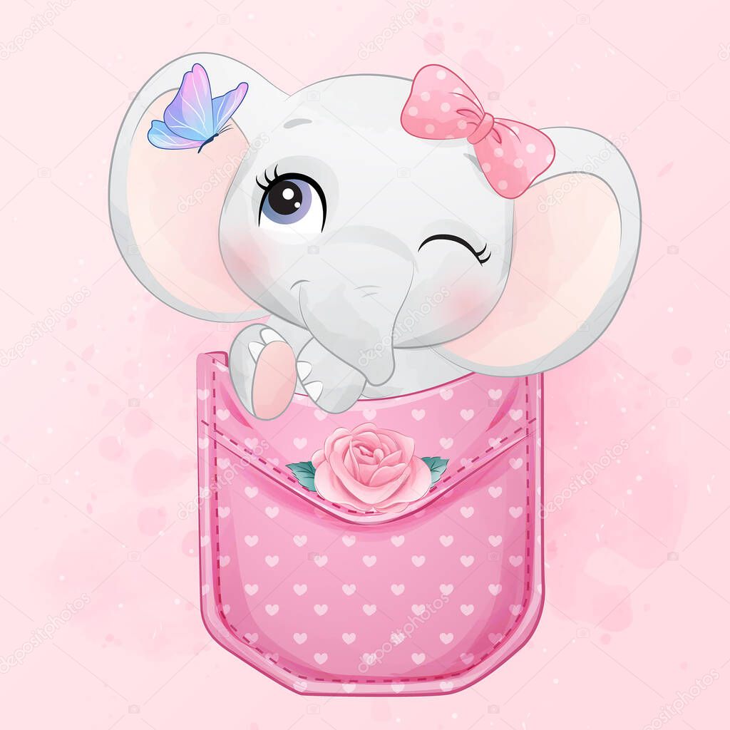 Cute little elephant sitting inside pocket illustration