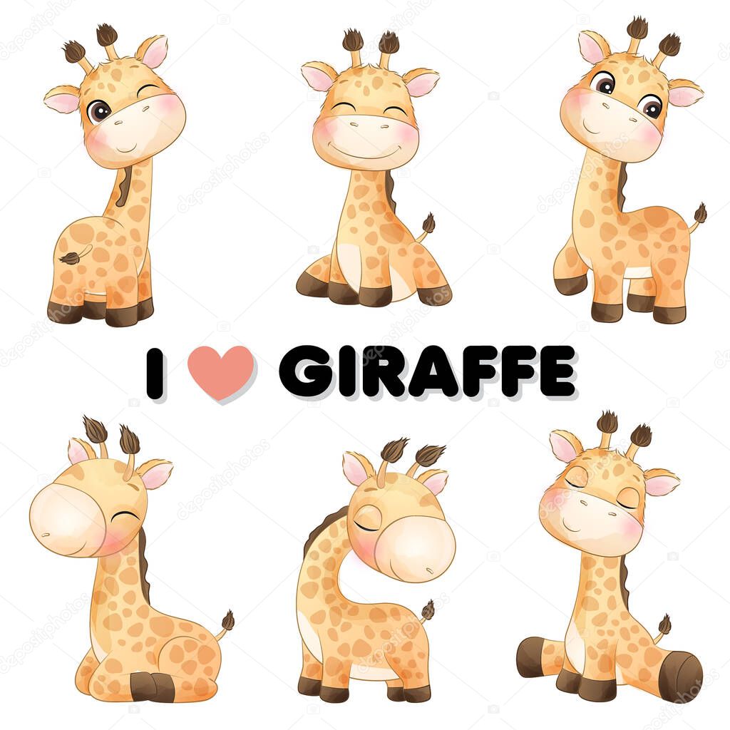 Cute little giraffe poses with watercolor illustration