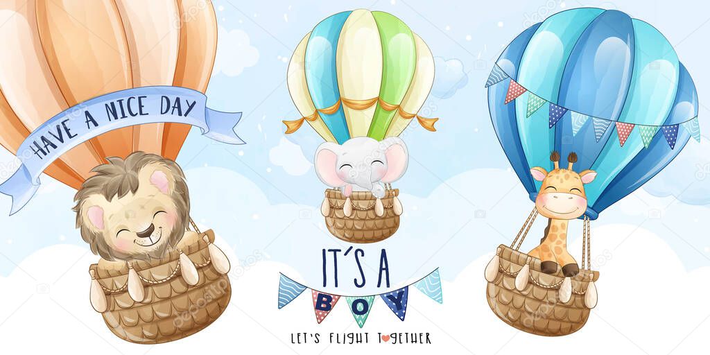 Cute animals flying with hot balloon in the sky illustration