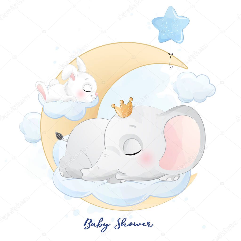 Cute little elephant and bunny sleeping in the cloud illustration