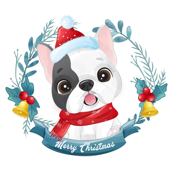 Cãozinho Bonito Doodle Para Natal Com Ilustração Aquarela — Vetor de Stock