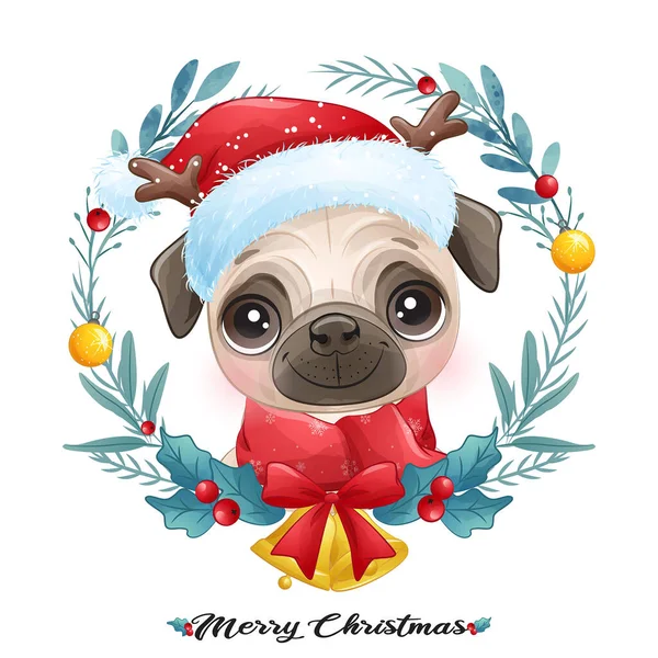 Leuke Doodle Puppy Voor Kerst Met Aquarel Illustratie — Stockvector