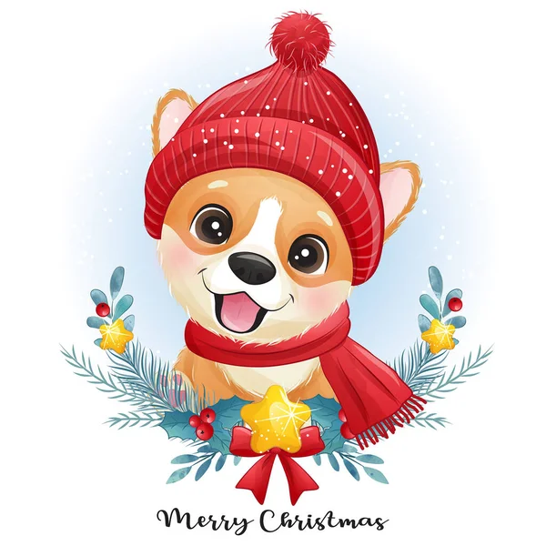 Carino Doodle Cucciolo Natale Con Acquerello Illustrazione — Vettoriale Stock