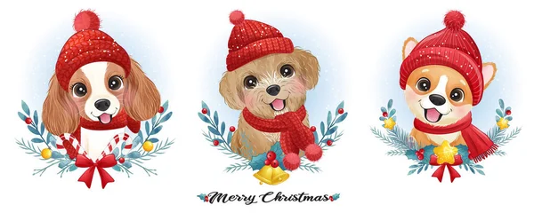 Carino Doodle Cucciolo Natale Con Acquerello Illustrazione — Vettoriale Stock