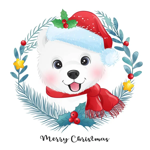 Carino Doodle Cucciolo Natale Con Acquerello Illustrazione — Vettoriale Stock