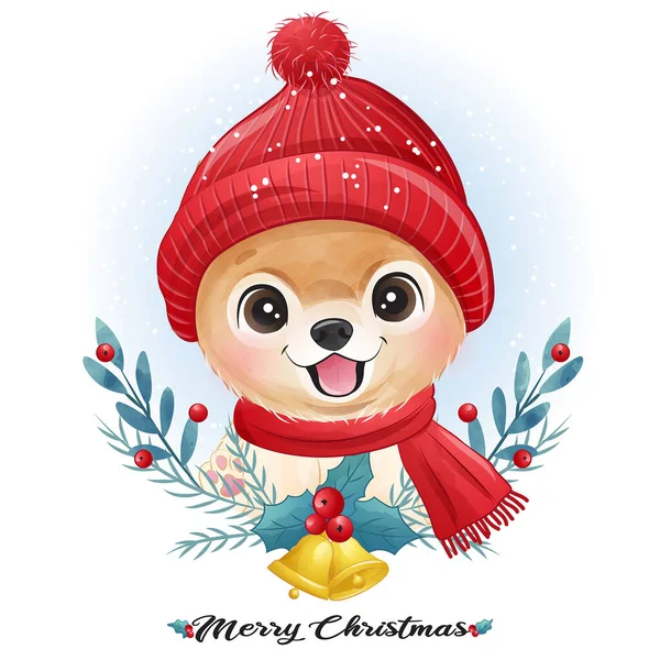 Cãozinho Bonito Doodle Para Natal Com Ilustração Aquarela —  Vetores de Stock