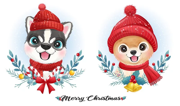 Carino Doodle Cucciolo Natale Con Acquerello Illustrazione — Vettoriale Stock