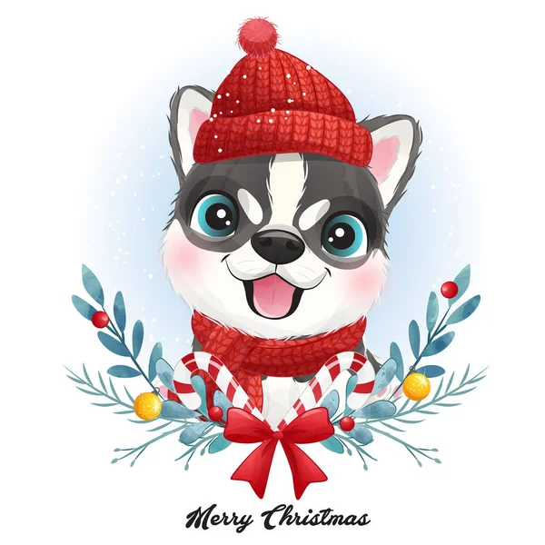 Leuke Doodle Puppy Voor Kerst Met Aquarel Illustratie — Stockvector