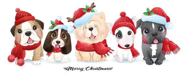 Cute Doodle Puppy Christmas Watercolor Illustration — Stock Vector