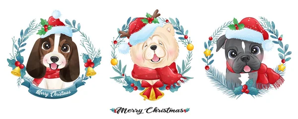 Carino Doodle Cucciolo Natale Con Acquerello Illustrazione — Vettoriale Stock