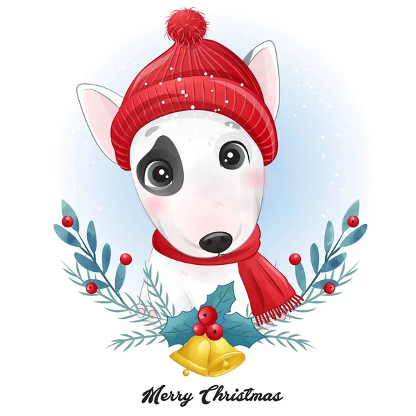 Lindo Perrito Garabato Para Navidad Con Ilustración Acuarela — Vector de stock