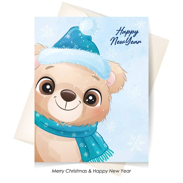 Urso Bonito Doodle Para Natal Com Ilustração Aquarela —  Vetores de Stock