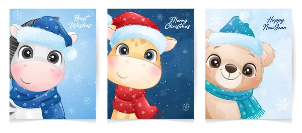 Mignon Animal Doodle Pour Noël Avec Illustration Aquarelle — Image vectorielle