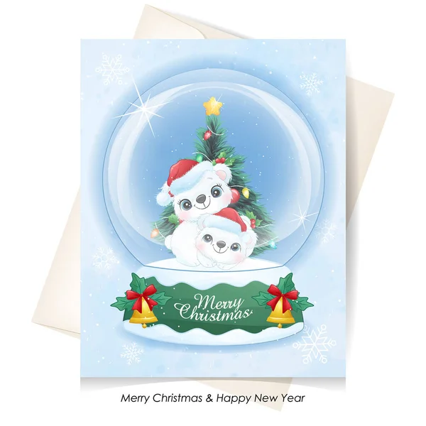 Kar küresi çiziminde oynayan şirin kutup ayısı.