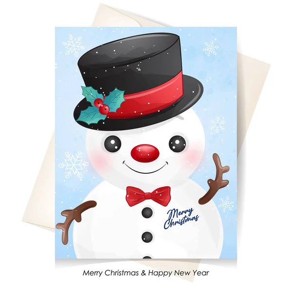 Χαριτωμένο Doodle Χιονάνθρωπος Για Χριστούγεννα Ακουαρέλα Εικονογράφηση — Διανυσματικό Αρχείο