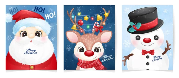 Mignon Doodle Santa Claus Ensemble Pour Noël Avec Illustration Aquarelle — Image vectorielle
