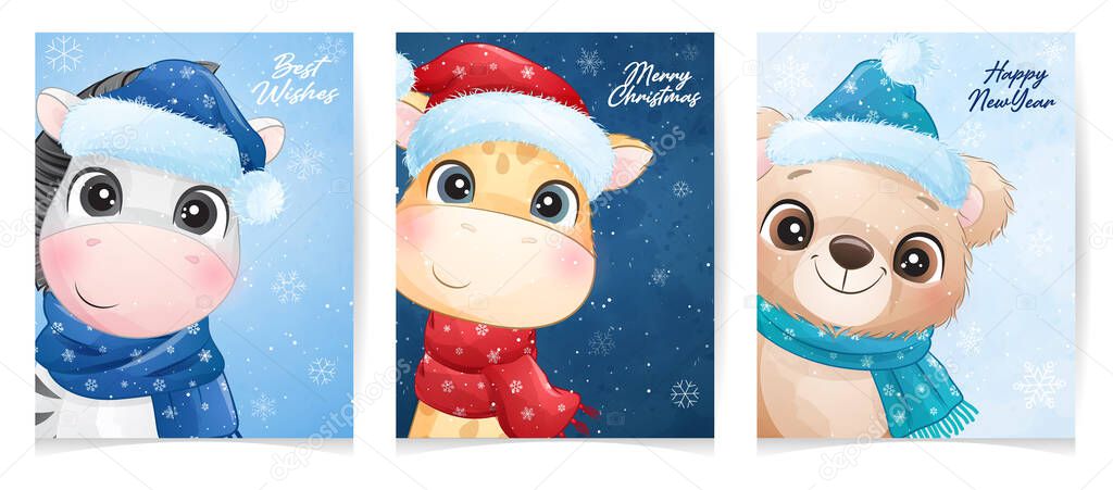 Cute doodle animal for christmas with watercolor illustration