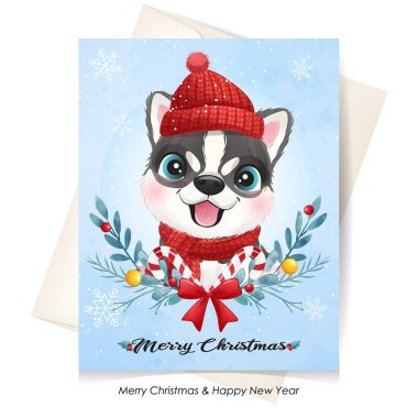 Suluboya resimli şirin bir köpek yavrusu.