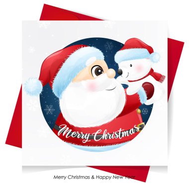 Şirin noel baba suluboya resimleriyle küçük bir ayıya sarılıyor.