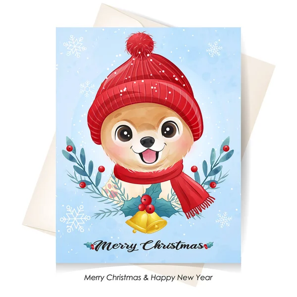 Leuke Doodle Puppy Voor Kerst Met Aquarel Illustratie — Stockvector