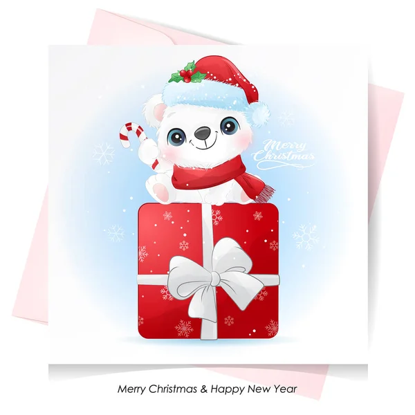 Aranyos Firka Jegesmedve Karácsonyra Akvarell Illusztráció — Stock Vector