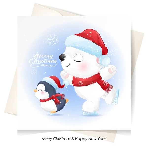 Cute Doodle Polar Bear Penguin Christmas Watercolor Illustration — Stock Vector