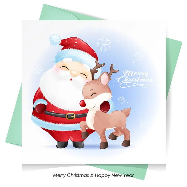 Cute Doodle Santa Claus Deer Christmas Watercolor Illustration — Stock Vector