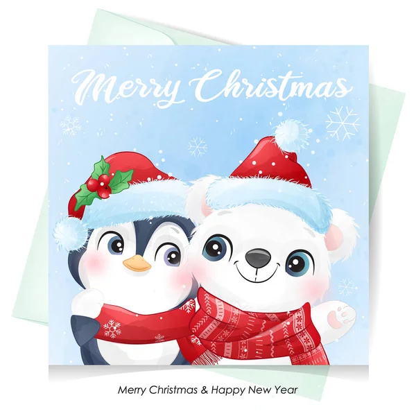Χαριτωμένο Doodle Πολική Αρκούδα Και Πιγκουίνος Για Χριστούγεννα Ακουαρέλα Εικόνα — Διανυσματικό Αρχείο