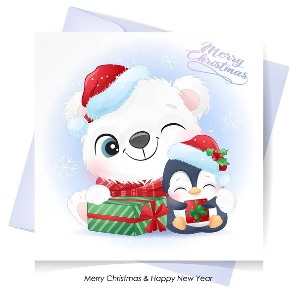 Carino Doodle Orso Polare Pinguino Natale Con Illustrazione Acquerello — Vettoriale Stock